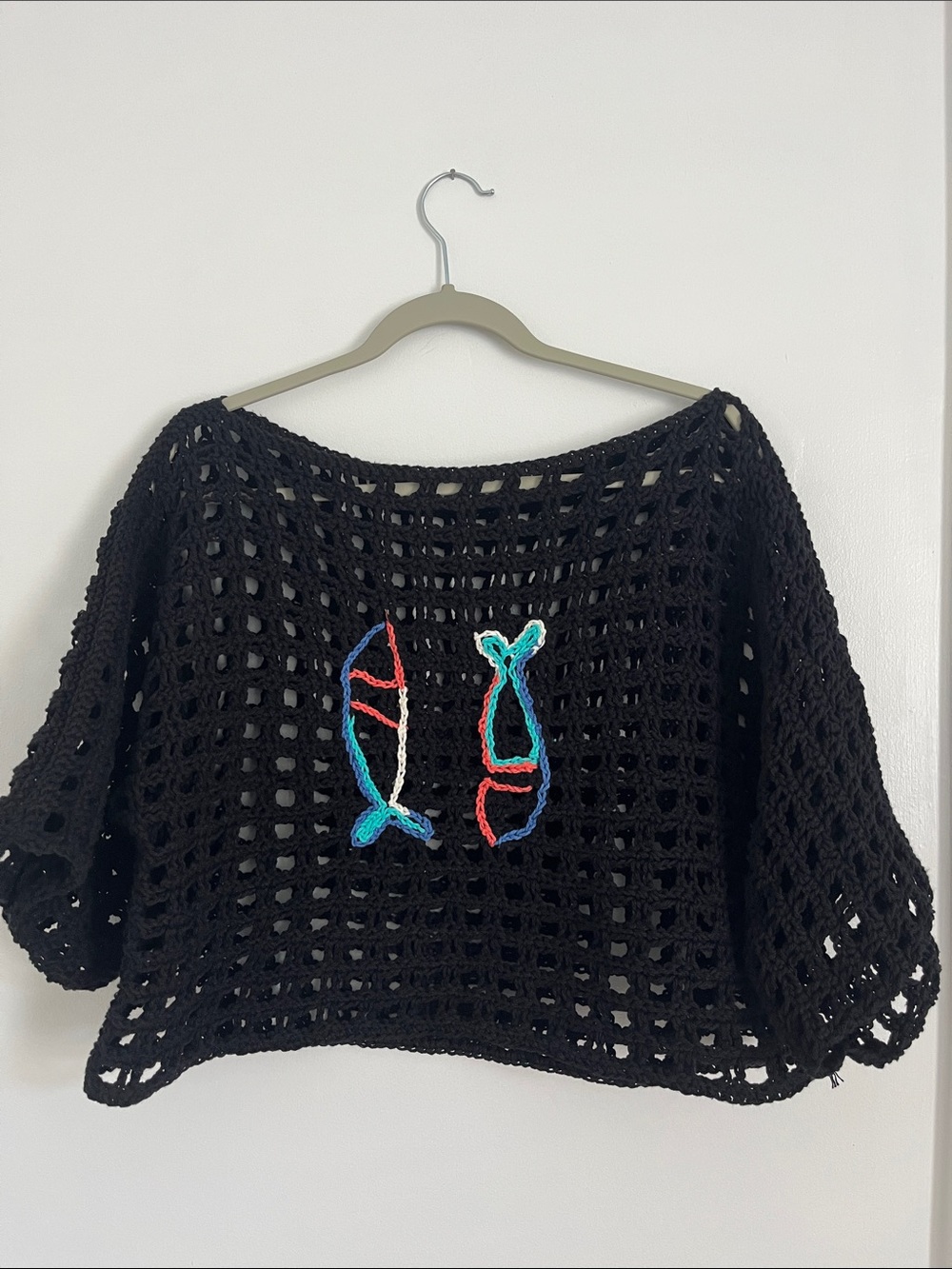 Handmade Black Crochet boxy tee with Colorful Fish Embroidery